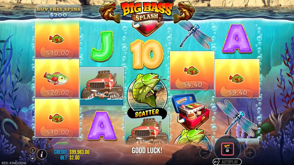 Full 5x3 Big Bass Splash grid with the pickup truck symbol and card values, bet panel visible below