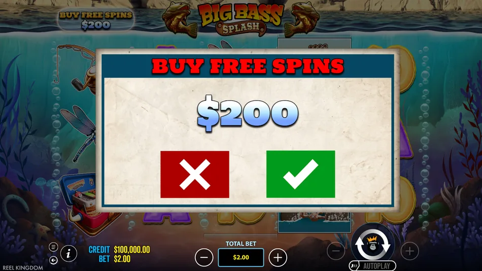 Buy Free Spins panel showing the purchase price in Big Bass Splash